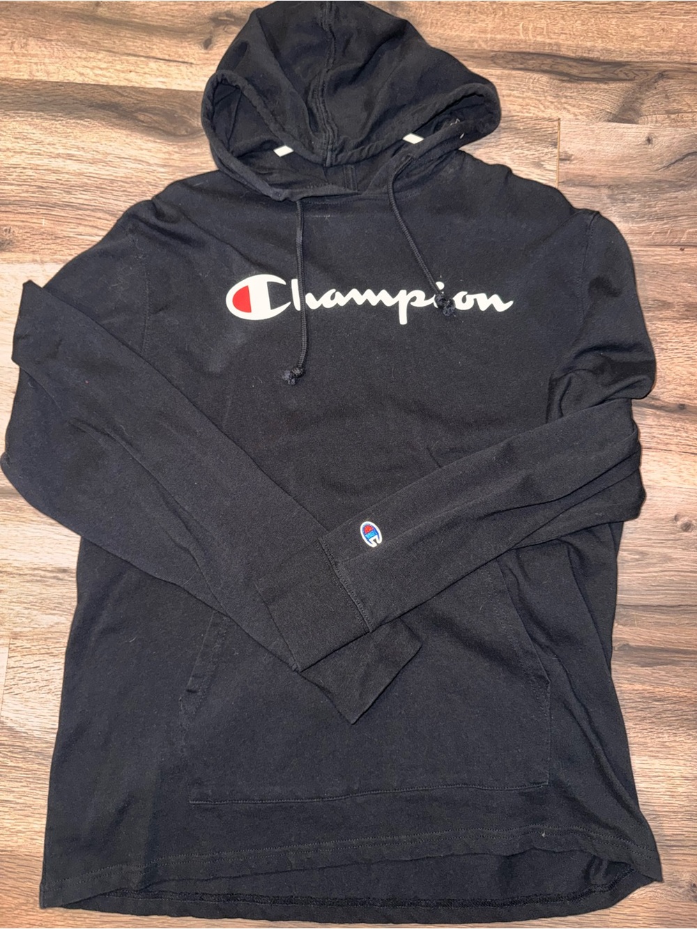 Champion Black Hoodie with White Script and Red/Blue Logo